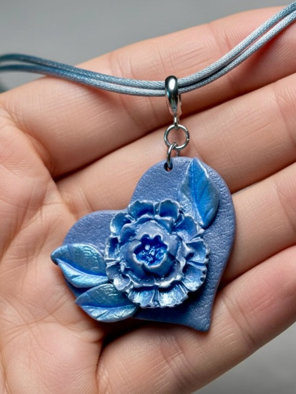 Handmade Lavender Floral Heart Shaped Polymer Clay Pendant Necklace Satin Cord